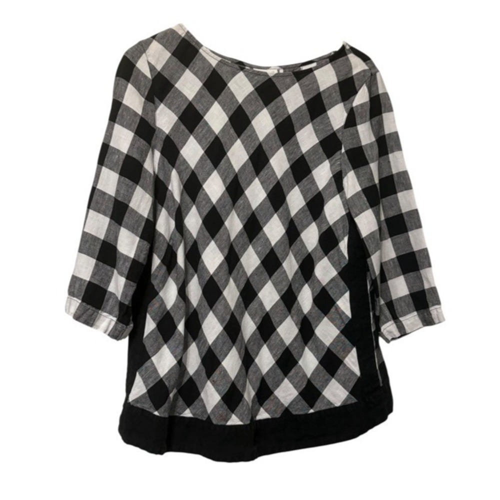 J Jill Womens Gingham Linen Top L Black White Checkered‎ Relaxed Fit Classic